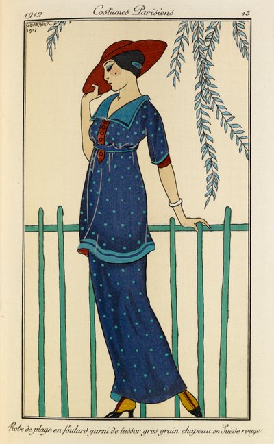 Robe de plage en fular garni de tussor gros tahıl chapeau ve Suède rouge. Kostümler Parisiens no.15. Plaj elbisesi ve benekli mavi grogren ile süslenmiş ham ipek eşarp ve kırmızı şapka giyen kadın. by Georges Barbier