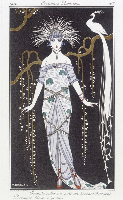 Gümüş brokar gece elbisesi ve peruk - Çizim George Barbier (1882-1932). “” Journal des dames et des modlarında: Kostümler Parisiens”” by Georges Barbier