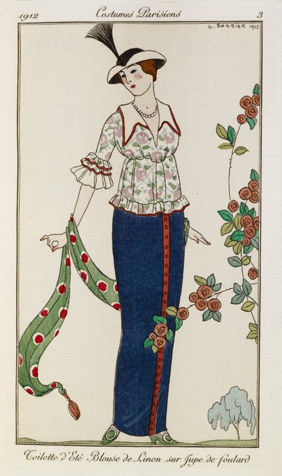 Fular ile eşleştirilmiş bluz tuvaleti. Kostüm Parisiens no.3. Yazlık bluz ve etek giyen bir kadın. Yeşil bir eşarp tutuyor. Tüylü bir şapka takıyor. by Georges Barbier