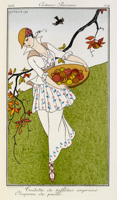 Tuvalet de taftalar imprime chapeau de paille. Kostümler Parisiens no.179. İpek baskılı bir kıyafet ve hasır şapka giyen bir kadın. Bir kase meyve taşıyor. by Georges Barbier