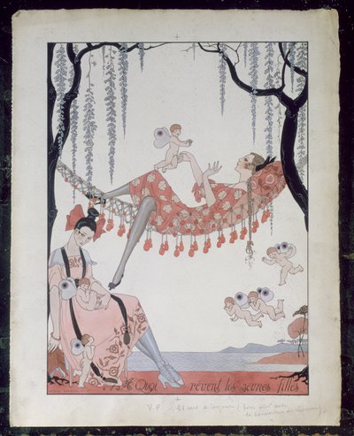 Genç Kadınlar Neyi Hayal Eder? 1918 (kağıt üzerine kalem, mürekkep ve sulu boya) by Georges Barbier