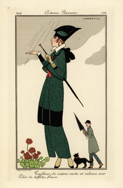 Yeşil ratine ve siyah kadife takım elbiseli kadın. by Georges Barbier