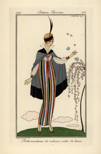 Kısa kadife ceketli çizgili keten elbiseli kadın. by Georges Barbier
