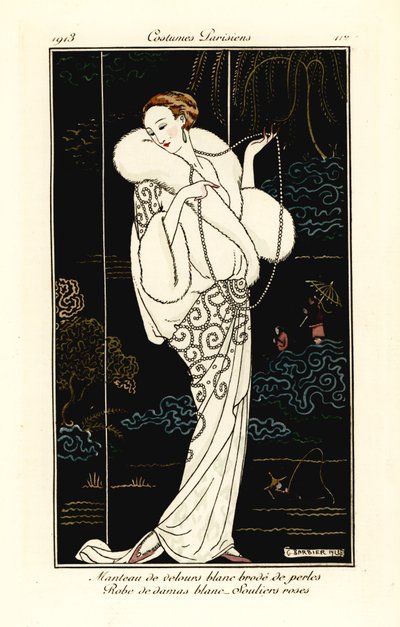 Kadife pelerinli, damask elbiseli ve pembe terlikli kadın. by Georges Barbier