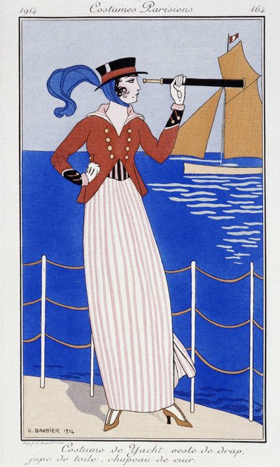 Uzun bir manzaraya bakan kadın, yat elbiseli - 1914 Modası by Georges Barbier