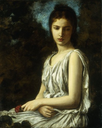 Kırmızı bir gül tutan klasik elbiseli genç bir kadın by Georges Bellanger