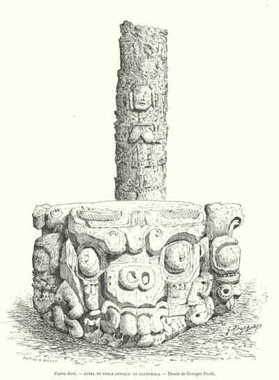 Guatemala'dan Maya oyma taş sunak ve idol (gravür) by Georges Ernest Profit