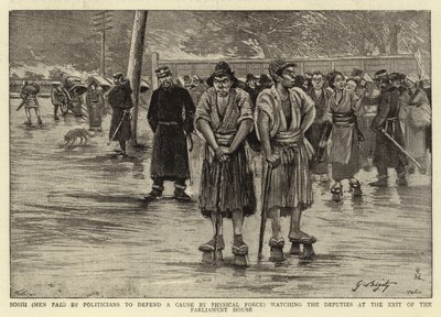 Soshi (Politikacılar tarafından Fiziksel Güç tarafından bir davayı savunmak için ödenen adamlar) Parlamento Binası çıkışında Milletvekillerini izliyor by Georges Ferdinand Bigot