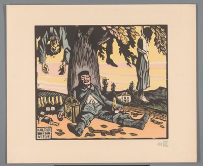 Asılmış insanlarla bir ağaca yaslanmış asker Kültür ve Otomne (nesne üzerindeki başlık) by Georges Hermann Rene Paul