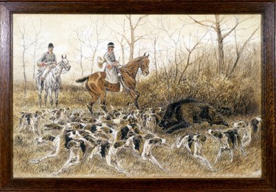 Bir avda yaban domuzu etrafında köpek sürüsü - Georges La Roque tarafından 1900 dolaylarında çizim by Georges La Roque