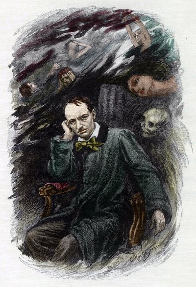Fransız şair Charles Baudelaire'in (1827-1861) portresi, hayaletlerini çevreliyor (Fransız romantik şair Charles Baudelaire'in hayaletlerle çevrili temsili, "" Kötülüğün çiçekleri" için illüstrasyon") Georges Antoine Rochegrosse by Georges Marie Rochegrosse