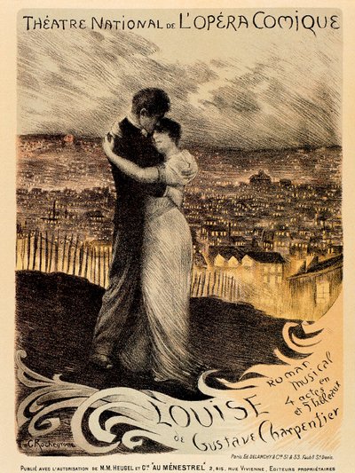 Paris'teki Theatre National de L'Opera Comique'de Gustave Charpentier tarafından 'Louise' reklamı yapan bir posterin reprodüksiyonu (renkli taş) by Georges Marie Rochegrosse