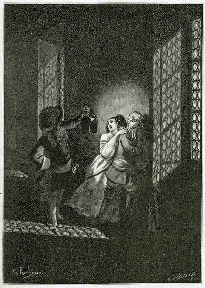 Aşıklar Ethel ve Ordener Teğmen d'Alpheld tarafından yakalanır - Han d'Islande'den bir illüstrasyon, 19. Yüzyıl (bw gravürü) by Georges Marie Rochegrosse