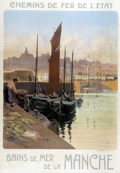 Les bains de mer de la Manche (Granville limanının görünümü) - Devlet Demiryolları Posteri, Meunier tarafından by Georges Meunier