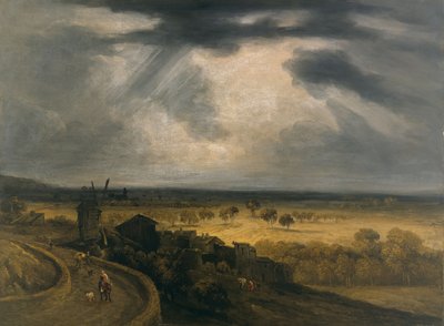 Yel değirmenli Montmartre manzarası, c.1810-20 (tuval üzerine sunta kağıt üzerine yağlıboya) by Georges Michel