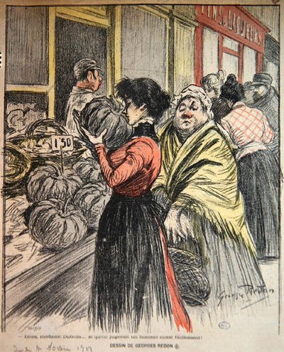 Pazarda balkabağı seçen iki kadın, 19. yüzyılın sonlarında (renkli taş) by Georges Redon