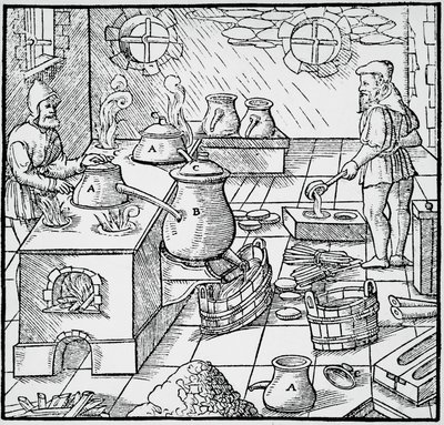 Basel'de yayınlanan Georg Pawer veya Georgius Agricola (1494-1555) tarafından yazılan De re metallica'dan (Metallerin doğası üzerine) gravür by Georgius Agricola