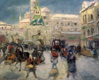 Iljinskaja Place, Moskova, c.1910 (tuval üzerine yağlı boya) by Georgiy Alexandrovich Lapshin