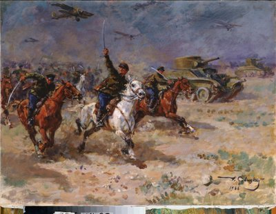 Saldırı (Ekim Devrimi Sırasında Kızıl Ordu'nun Tankları ve Süvarileri) - Saldırı - George (Georgy, Georgi) Konstantinovich Savitsky (1887-1949), tuval üzerine yağlı boya by Georgiy Konstantinovich Savitsky