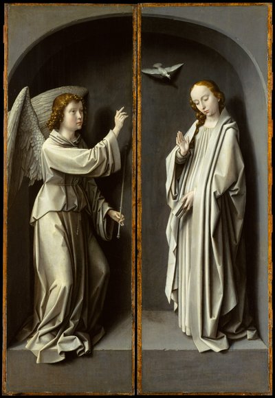 Başmelek Gabriel; The Virgin Annunciate, c.1510 (meşe panel üzerine yağlı boya) by Gerard David