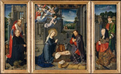 Bağışçılar ve Azizler Jerome ve Leonard ile Doğuş, c.1510–15 (tuval üzerine yağlı boya) by Gerard David
