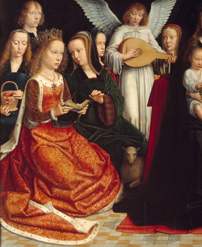 Azizler arasında Bakire. Azizlerin Detayı: Sainte Dorothee, Sainte Catherine, Sainte Agnes, Sainte Fausta. Gerard David