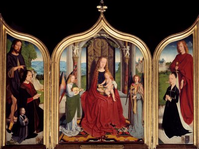 Sedano ailesinin üç parçası: ortada iki müzik meleği arasındaki Bakire ve Çocuk, solda Sedanolu Yahya ve oğlu Vaftizci Aziz John, sağda karısı ve Evangelist Aziz John. Gerard David tarafından boyama by Gerard David