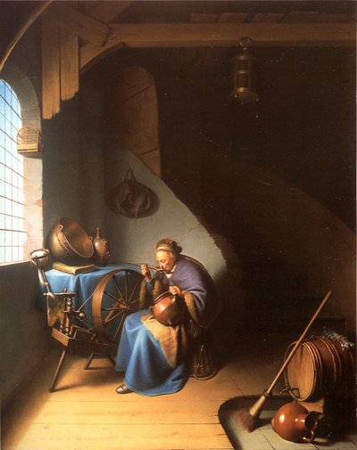 Yulaf lapası yiyen bir kadınla iç by Gerrit Dou