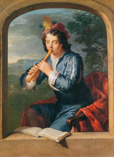 Flüt çalan genç adam (kağıt üzerinde pastel) by Gerard Hoet