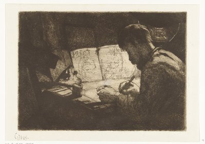 Çizim tahtasının arkasında kendi kendine portre by Gerard Jan Bos (signed by artist)