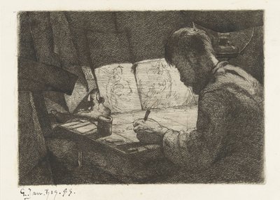 Çizim tahtasının arkasında kendi kendine portre by Gerard Jan Bos (signed by artist)