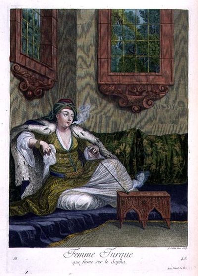 Türk kadını, kanepede sigara içiyor by Gerard Jean Baptiste Scotin