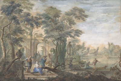 Birkaç Figürlü Arcadian Manzarası ve Diana Heykeli, 18. yüzyıl. by Gerard Melder
