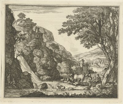 Bir şelale, hayvanlarla çoban by Gerard Melder