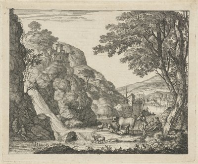 Bir şelale, hayvanlarla çoban by Gerard Melder