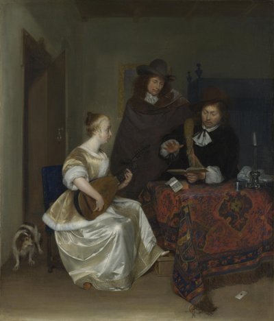 İki Adama Theorbo Oynayan Bir Kadın, 1668 civarı by Gerard Ter Borch the Younger