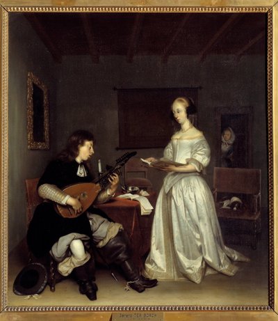 Çift; şarkıcı ve ud oyuncusu theorbo. Gerard Ter Borch (1617-1681), Hollandaca tarafından tablo by Gerard ter Borch