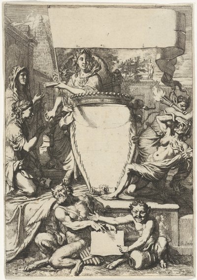Alegorik figürlerle çevrili kartuş by Gerard de Lairesse