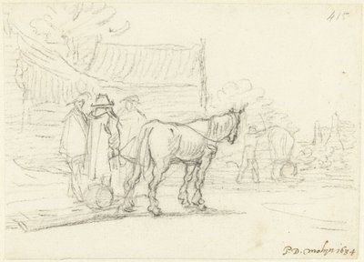 Bir at ve kızağın yanında üç adam by Gerard ter Borch (II)