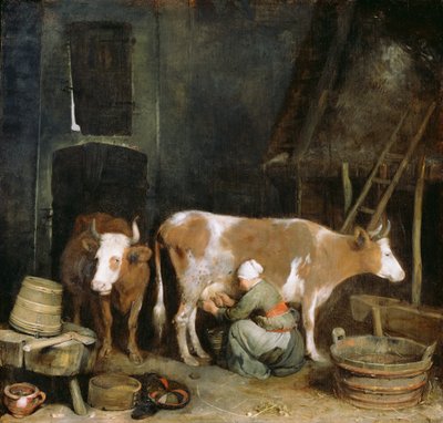 Bir ahırda bir inek sağan bir hizmetçi by Gerard ter Borch