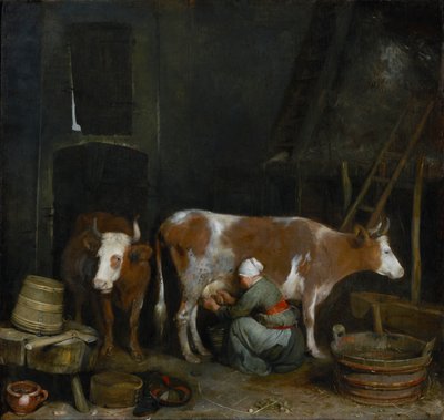 Ahırda İnek Sağan Hizmetçi, c.1652-54 (panelde yağ) by Gerard ter Borch