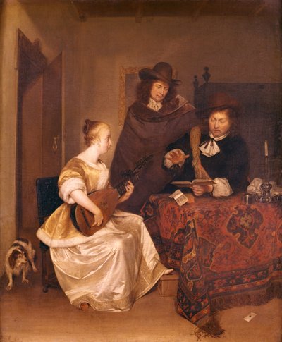 İki Adama Theorbo Oynayan Genç Bir Kadın, 1667-68 by Gerard ter Borch