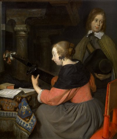 Lavta çalar (panel üzeri yağlı boya) by Gerard ter Borch or Terborch
