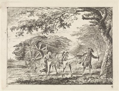 Erkek ve kadın tam dolu bir öküz arabasında Manzaralar (seri C) (seri başlığı) by Gerard van Nijmegen