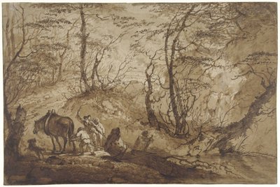 Bir orman yolunda, bir at, dört adam tarafından yönetilen bir su birikintisinden bir ağaç çeker. by Gerard van Nijmegen