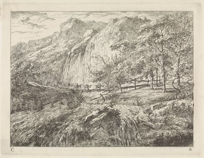 Şelalenin yanındaki köprüde eşekleri topla Manzaralar (C serisi) (seri başlığı) by Gerard van Nijmegen