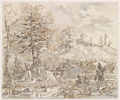 Dağlık bir arazide süvari ve piyadeler arasındaki savaş by Gerardus Emaus de Micault