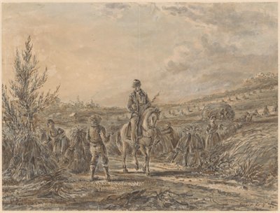 Hasat çiftçileri arasında binici ile manzara by Gerardus Emaus de Micault