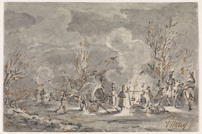 Kamp ateşi etrafında askerlerle ordu yeri by Gerardus Emaus de Micault