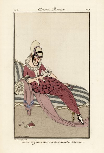 El işlemeli fırfırlı gaberdin elbiseli kadın. by Gerda Marie Frederike Wegener